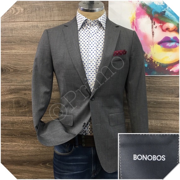 BONOBOS Mens‎ Blazer Sport Coat Casual Jacket Size 36R Slim Fit Gray Wool Suit